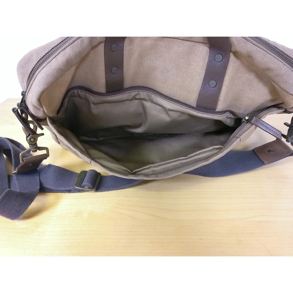 Tumi T-Tech Waxed Canvas Messenger Bag Briefcase Khaki Brown Leather Trim